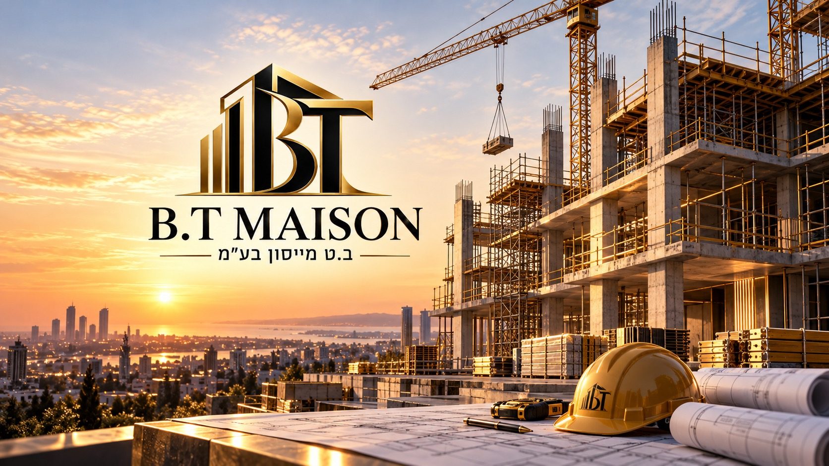 הלוגו של B.T Maison על רקע אתר בנייה בשקיעה